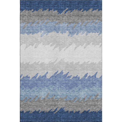 8' X 10' Navy Blue Gray And Silver Striped Washable Area Rug With UV Protection