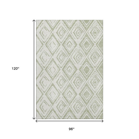 8' X 10' Artichoke Green And Ivory Diamond Washable Area Rug With UV Protection