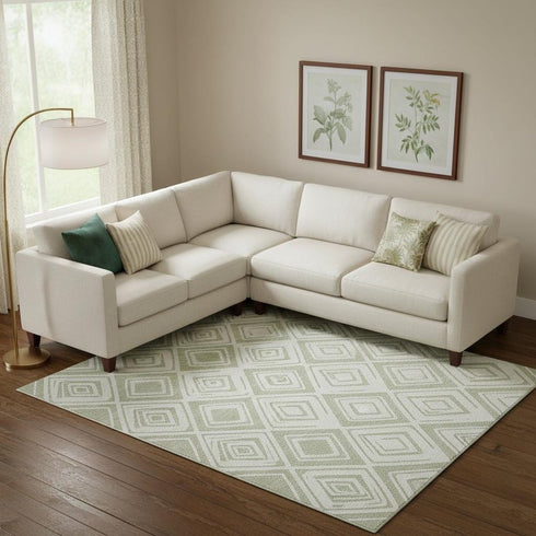 8' X 10' Artichoke Green And Ivory Diamond Washable Area Rug With UV Protection