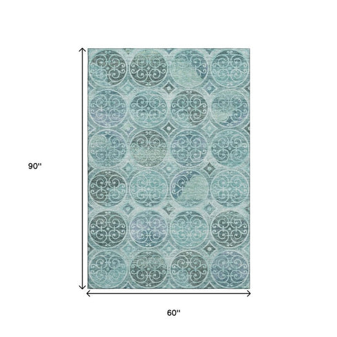 5' X 8' Teal And Aqua Medallion Washable Area Rug With UV Protection
