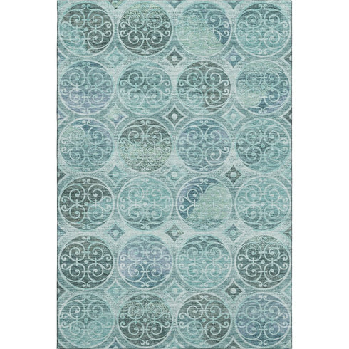 5' X 8' Teal And Aqua Medallion Washable Area Rug With UV Protection