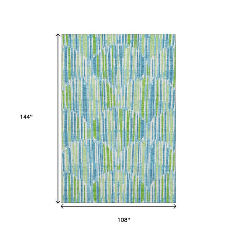 9' X 12' Aqua Green And Ivory Abstract Washable Area Rug With UV Protection