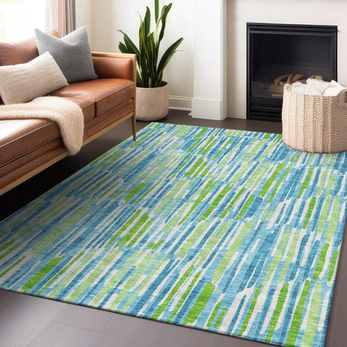 9' X 12' Aqua Green And Ivory Abstract Washable Area Rug With UV Protection