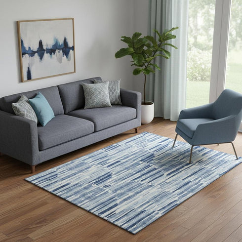 5' X 8' Blue And Ivory Abstract Washable Area Rug With UV Protection