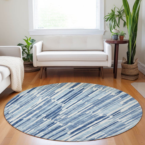 8' Blue And Ivory Abstract Washable Round Rug With UV Protection