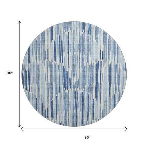 8' Blue And Ivory Abstract Washable Round Rug With UV Protection