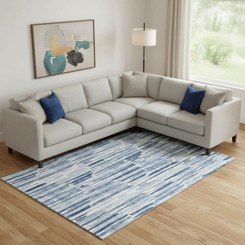 8' X 10' Blue And Ivory Abstract Washable Area Rug With UV Protection