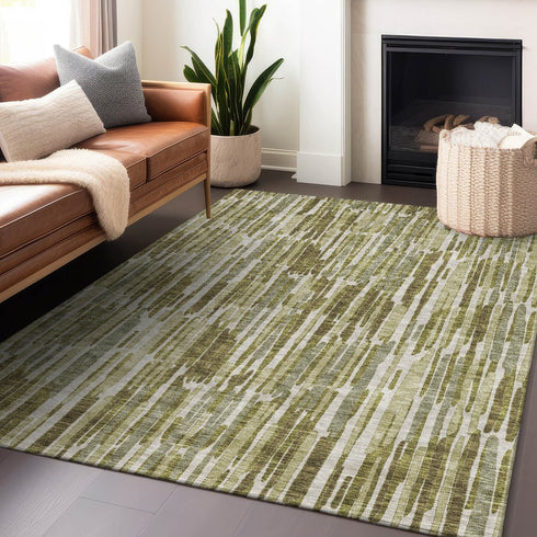 8' X 10' Olive Green Brown And Ivory Abstract Washable Area Rug With UV Protection