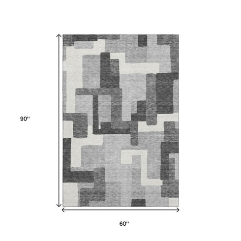 5' X 8' Gray Silver And Ivory Abstract Geometric Washable Area Rug With UV Protection