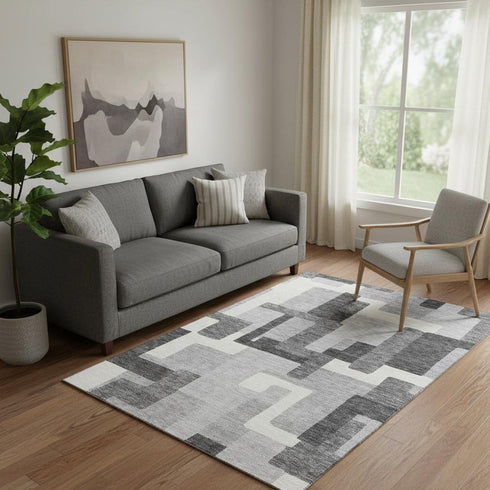 5' X 8' Gray Silver And Ivory Abstract Geometric Washable Area Rug With UV Protection