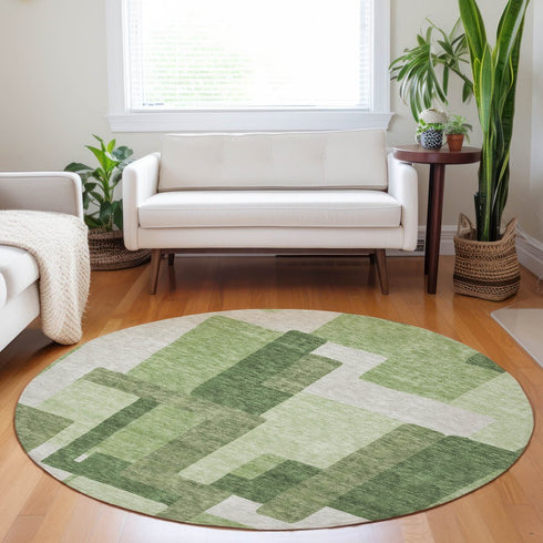8' Green And Ivory Abstract Geometric Washable Round Rug With UV Protection