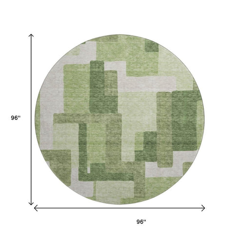 8' Green And Ivory Abstract Geometric Washable Round Rug With UV Protection