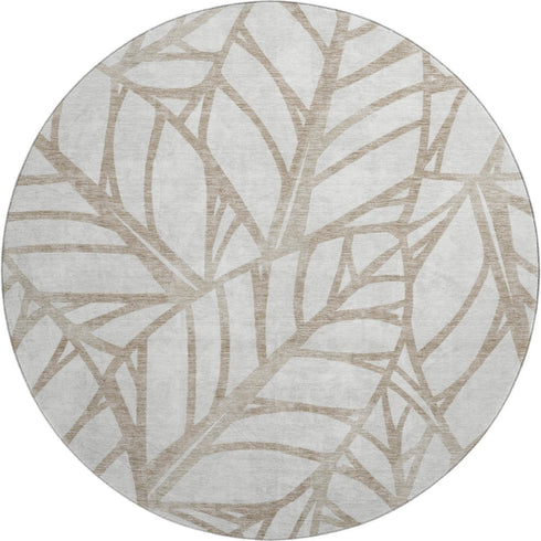 8' Beige And Brown Floral Washable Round Rug With UV Protection