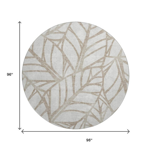 8' Beige And Brown Floral Washable Round Rug With UV Protection