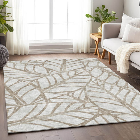 9' X 12' Beige And Brown Floral Washable Area Rug With UV Protection