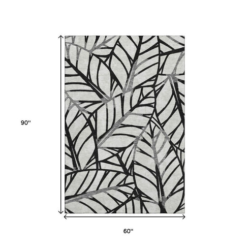 5' X 8' Black And Beige Floral Washable Area Rug With UV Protection