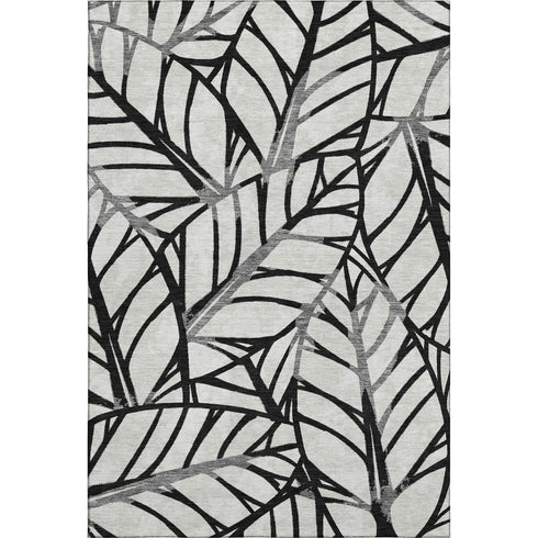5' X 8' Black And Beige Floral Washable Area Rug With UV Protection