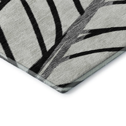 5' X 8' Black And Beige Floral Washable Area Rug With UV Protection