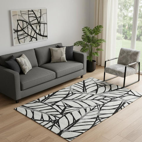 5' X 8' Black And Beige Floral Washable Area Rug With UV Protection