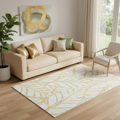 5' X 8' Gold And Beige Floral Washable Area Rug With UV Protection