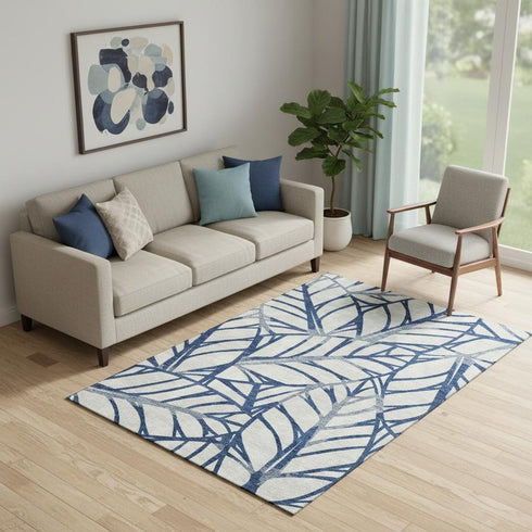 5' X 8' Navy Blue And Beige Floral Washable Area Rug With UV Protection