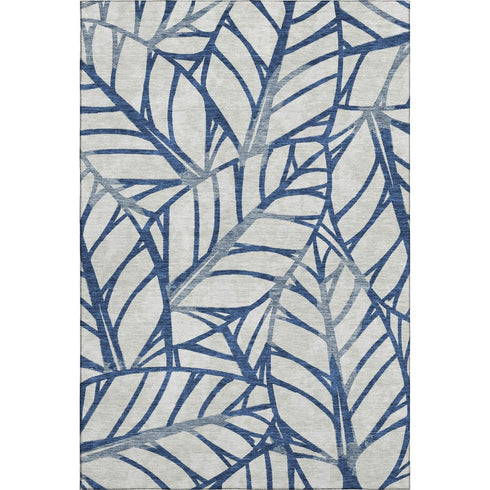 5' X 8' Navy Blue And Beige Floral Washable Area Rug With UV Protection