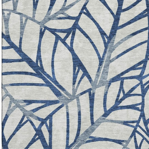 5' X 8' Navy Blue And Beige Floral Washable Area Rug With UV Protection