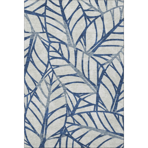 5' X 8' Navy Blue And Beige Floral Washable Area Rug With UV Protection