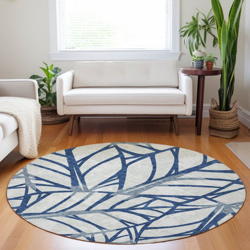 8' Navy Blue And Beige Floral Washable Round Rug With UV Protection