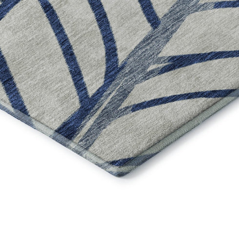 8' Navy Blue And Beige Floral Washable Round Rug With UV Protection