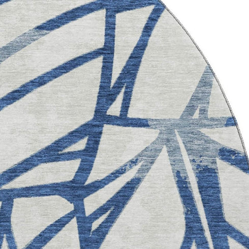 8' Navy Blue And Beige Floral Washable Round Rug With UV Protection