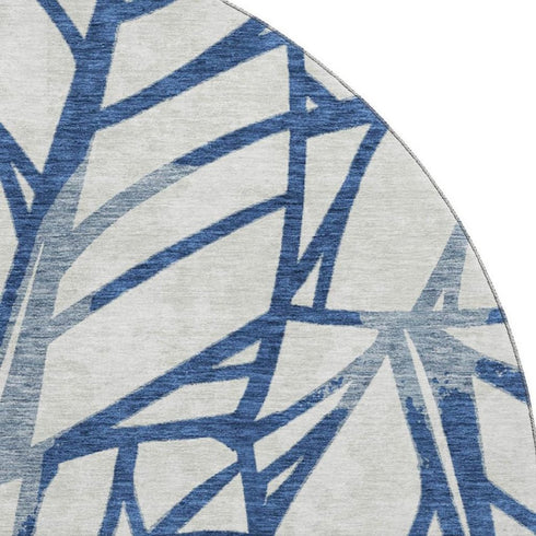 8' Navy Blue And Beige Floral Washable Round Rug With UV Protection