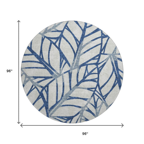 8' Navy Blue And Beige Floral Washable Round Rug With UV Protection