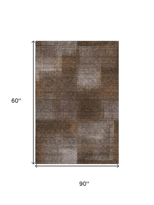 5' X 8' Chocolate And Ivory Abstract Washable Area Rug With UV Protection