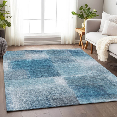 9' X 12' Denim Blue And Ivory Abstract Washable Area Rug With UV Protection