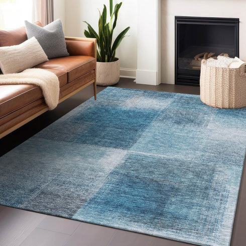 9' X 12' Denim Blue And Ivory Abstract Washable Area Rug With UV Protection