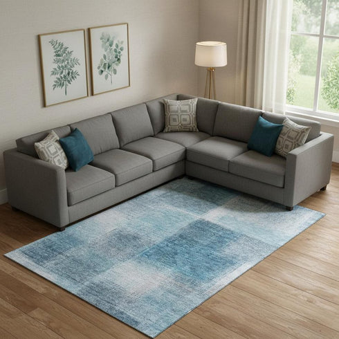 9' X 12' Denim Blue And Ivory Abstract Washable Area Rug With UV Protection