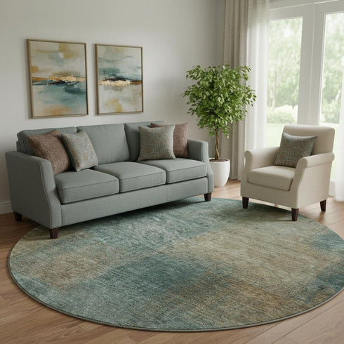 8' Teal And Brown Abstract Washable Round Rug With UV Protection