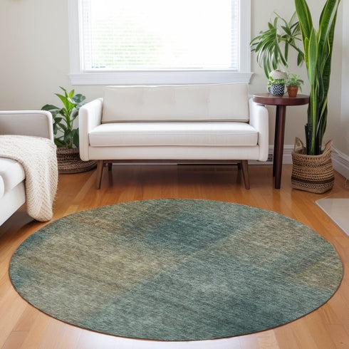 8' Teal And Brown Abstract Washable Round Rug With UV Protection