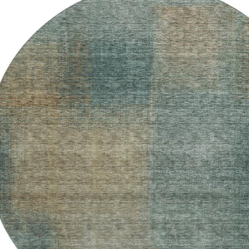8' Teal And Brown Abstract Washable Round Rug With UV Protection