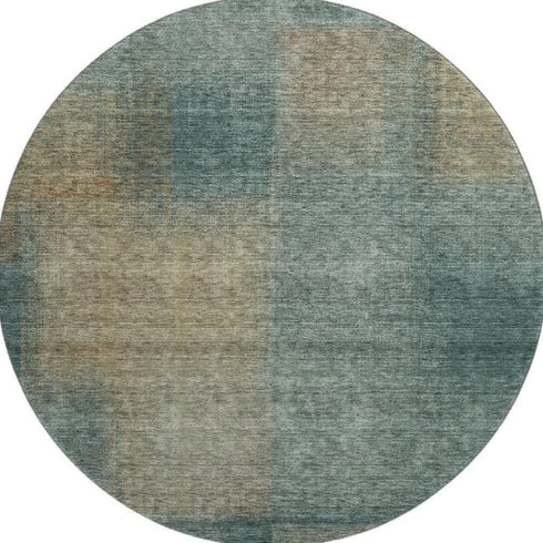 8' Teal And Brown Abstract Washable Round Rug With UV Protection