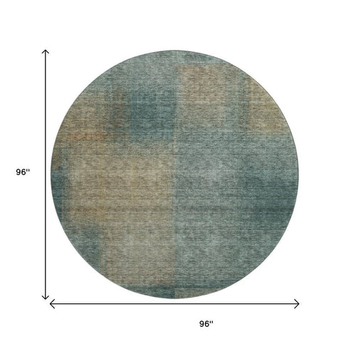 8' Teal And Brown Abstract Washable Round Rug With UV Protection