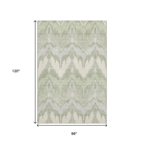 8' X 10' Artichoke Green And Ivory Ikat Washable Area Rug With UV Protection