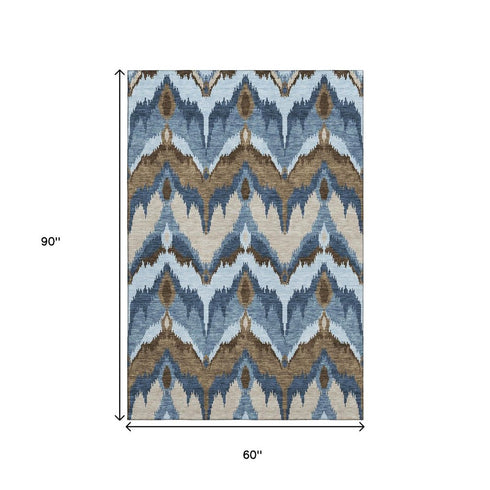 5' X 8' Blue Brown And Beige Ikat Washable Area Rug With UV Protection