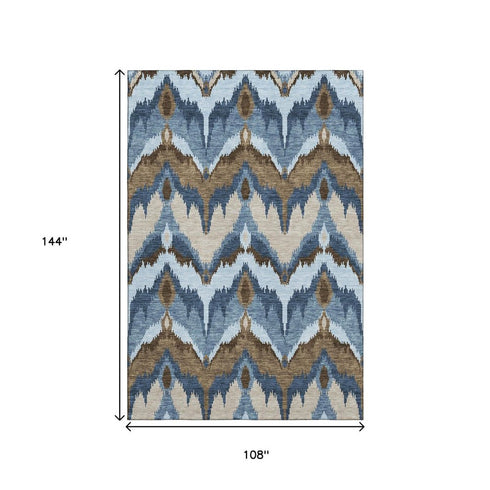 9' X 12' Blue Brown And Beige Ikat Washable Area Rug With UV Protection