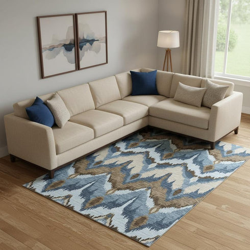 9' X 12' Blue Brown And Beige Ikat Washable Area Rug With UV Protection