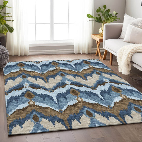 9' X 12' Blue Brown And Beige Ikat Washable Area Rug With UV Protection
