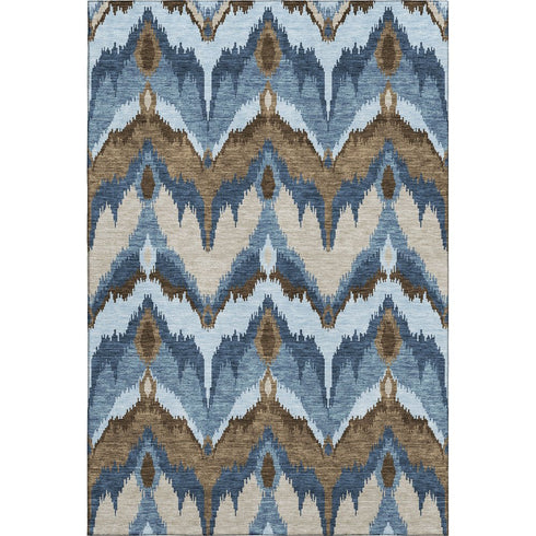 9' X 12' Blue Brown And Beige Ikat Washable Area Rug With UV Protection
