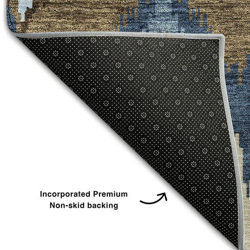 9' X 12' Blue Brown And Beige Ikat Washable Area Rug With UV Protection