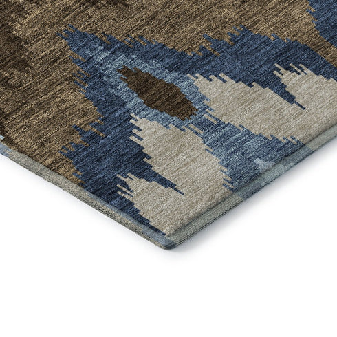 9' X 12' Blue Brown And Beige Ikat Washable Area Rug With UV Protection